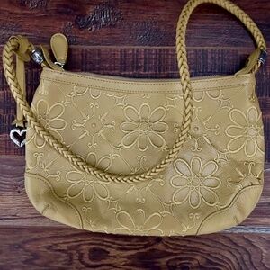 Brighton Leather Purse, Yellow Leather with Stitched Flowers, Braided Strap